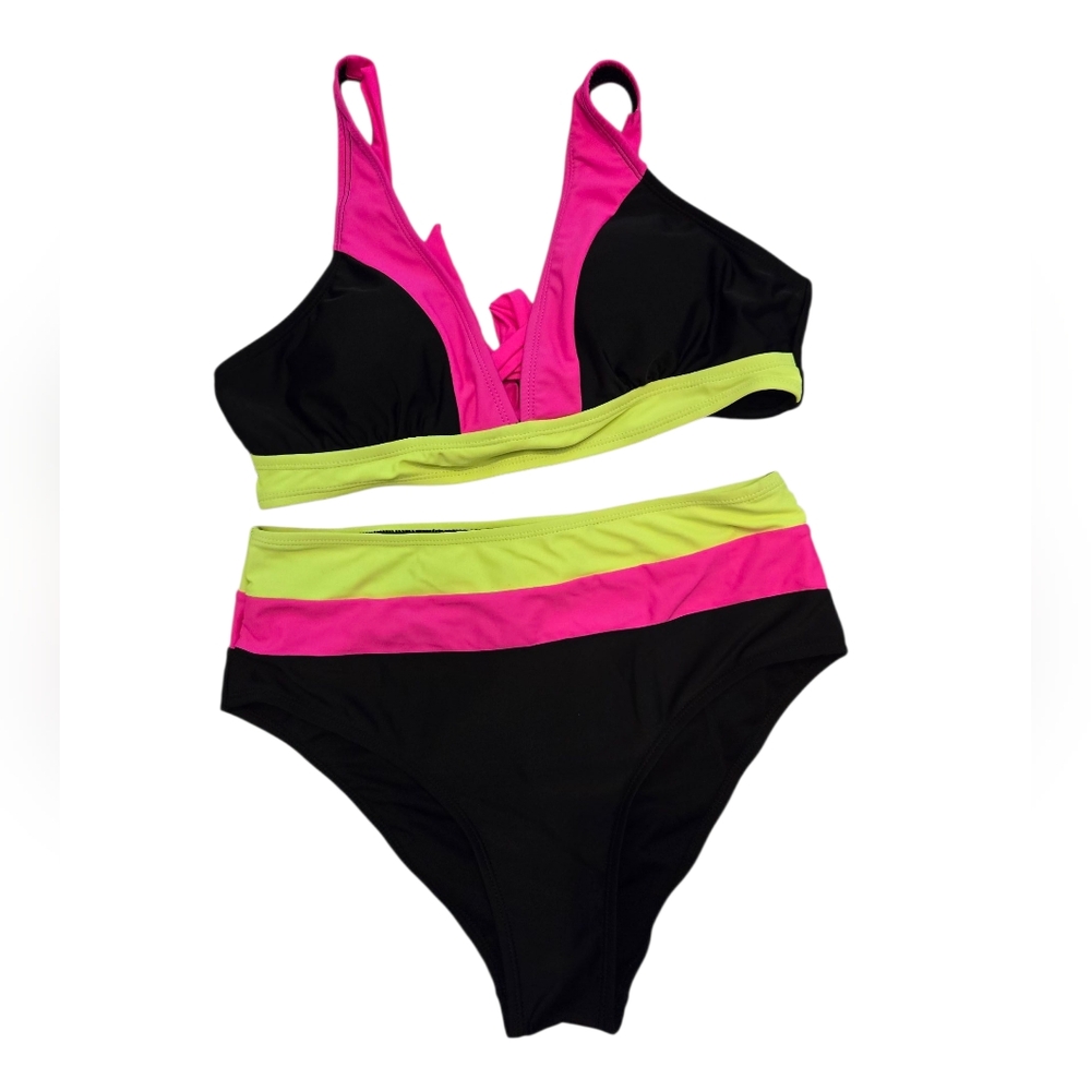 Black Neon Pink Yellow Colorblock Bikini 2 Piece Set